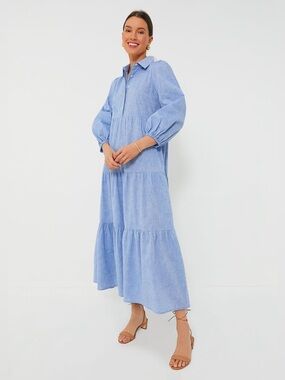 Pomander Place Tuckernuck Mabel Chambray Tiered Maxi Dress Linen Cotton Medium